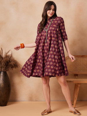 InWeave Women Fit and Flare Maroon Midi/Calf Length Dress