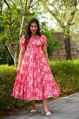 HANDSOME KING Women Fit and Flare Pink, White Midi/Calf Length Dress