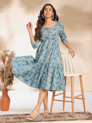 Janasya Women Fit and Flare Light Blue, Yellow Midi/Calf Length Dress