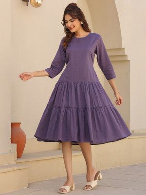 Janasya Women Tiered Purple Midi/Calf Length Dress