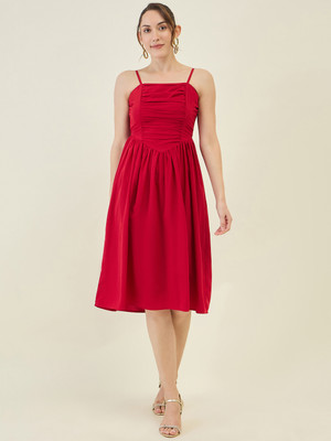 AAYU Women Fit and Flare Red Below Knee Dress