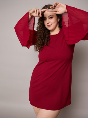 SASSAFRAS Curve Women Shift Maroon Above Knee/Mid Thigh Length Dress