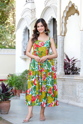 MANOJAVA Women Fit and Flare Green Maxi/Full Length Dress