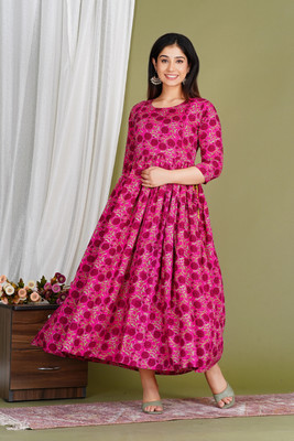 vijay garments Women Fit and Flare Gold Midi/Calf Length Dress