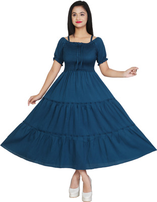 DULHAN SAREES Women Fit and Flare Dark Blue Midi/Calf Length Dress