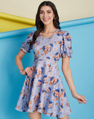 Selvia Women Fit and Flare Light Blue Above Knee/Mid Thigh Length Dress
