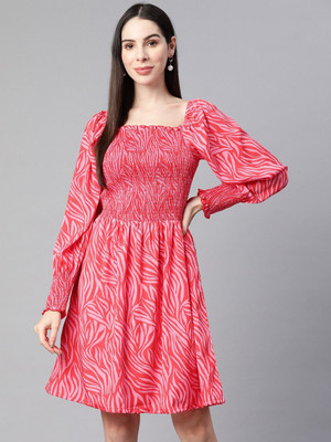 PLUSS Women Fit and Flare Pink Above Knee/Mid Thigh Length Dress