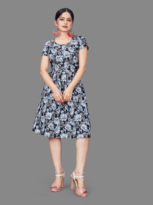 Threadhunter Women Fit and Flare Grey Midi/Calf Length Dress