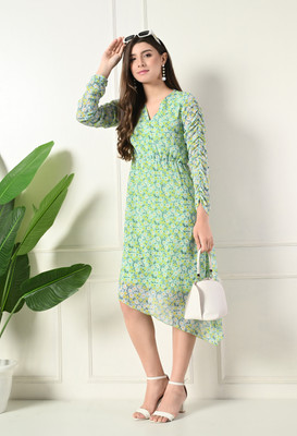 LIHANA Women A-line Green Below Knee Dress