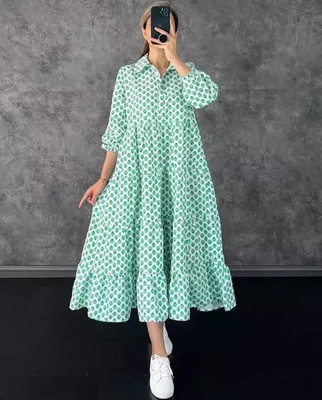 Pristinotexarc Women Ethnic Dress Green, White Midi/Calf Length Dress