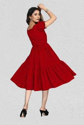 SHABRI FASHION Women Fit and Flare Maroon Knee Length Dress