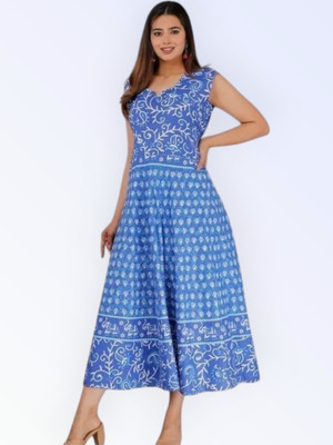 Tankavi Women Fit and Flare Blue Knee Length Dress