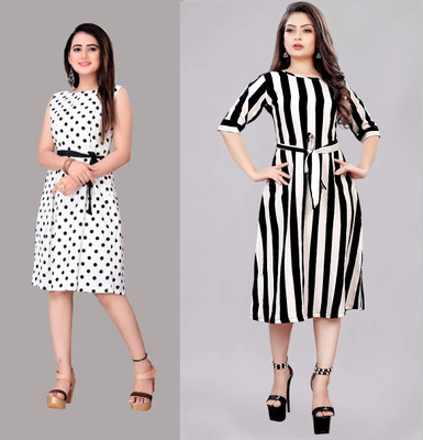 Hiral Creation Women A-line Black, White Midi/Calf Length Dress