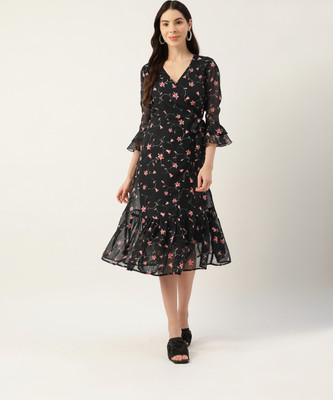 Deewa Women A-line Black Midi/Calf Length Dress