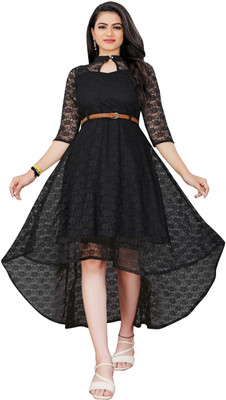 Savitricreation Women High Low Black Knee Length Dress