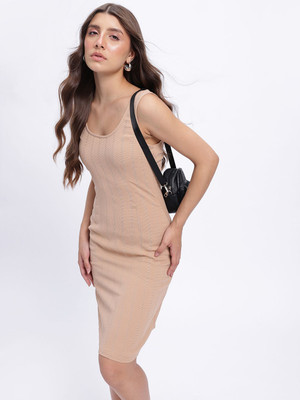 Glitchez Women Shift Beige Above Knee/Mid Thigh Length Dress