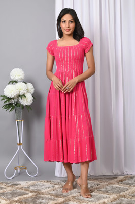 VYMO Women Fit and Flare Pink Midi/Calf Length Dress
