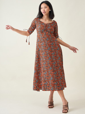 AAYU Women A-line Orange Midi/Calf Length Dress