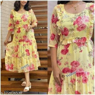 HouseOfCommon Women Maxi Yellow Knee Length Dress