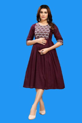 DICHIKA Fashion Women Fit and Flare Maroon Midi/Calf Length Dress