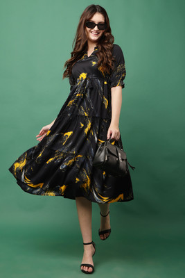 JustHer Women Fit and Flare Black, Yellow Midi/Calf Length Dress