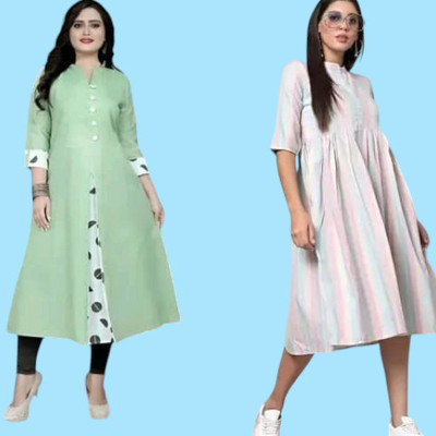 Suhani Fashionmk Women Striped Straight Kurta(Green, White)