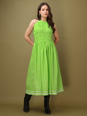 PURVAJA Women Fit and Flare Green Midi/Calf Length Dress
