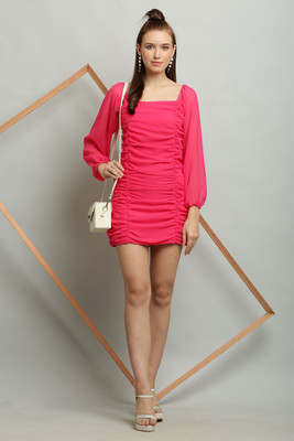 Shyammc Women Bodycon Pink Above Knee/Mid Thigh Length Dress
