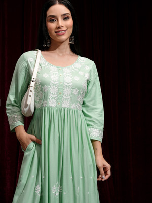 Vishudh Women Fit and Flare Green Midi/Calf Length Dress