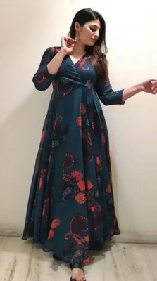 HouseOfCommon Women Fit and Flare Blue Maxi/Full Length Dress