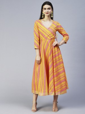 Fashor Women Fit and Flare Pink, Yellow Dress