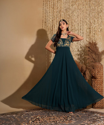 Miss Chase Women Fit and Flare Blue Maxi/Full Length Dress