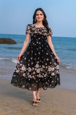 MISS CLOTHING Women Ethnic Dress Black, Pink Midi/Calf Length Dress