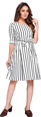 Rinra Women Fit and Flare White Knee Length Dress