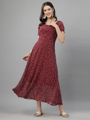 Herway Women Fit and Flare Maroon Maxi/Full Length Dress