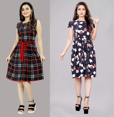 tanvi creation Women Fit and Flare Maroon Below Knee Dress