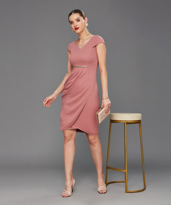Miss Chase Women Ruffled Pink Midi/Calf Length Dress