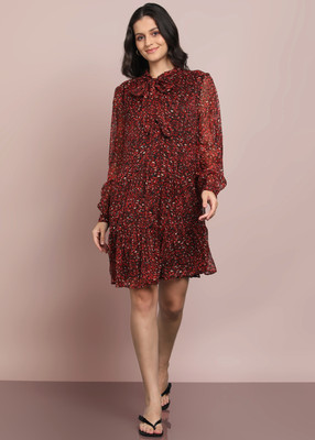 SAFFFE Women Fit and Flare Black, Red, White Above Knee/Mid Thigh Length Dress
