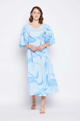 FashFun Women Fit and Flare Light Blue, White Midi/Calf Length Dress