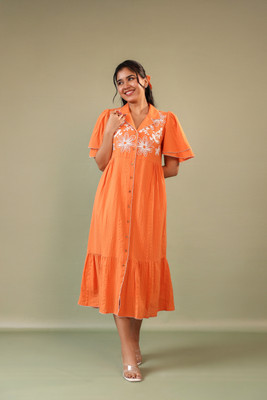 Anusheet Fashion Women Fit and Flare Orange Midi/Calf Length Dress
