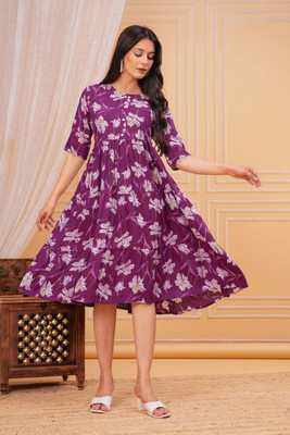 Mradhul Women A-line Purple Below Knee Dress