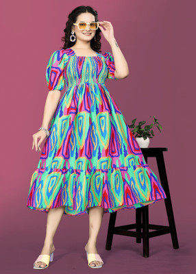 PRIYANSH CREATION Women A-line Multicolor Midi/Calf Length Dress