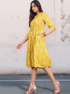 Zindal Creation Women Ethnic Dress Yellow Midi/Calf Length Dress