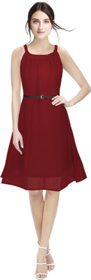 HEER FASHION Women Fit and Flare Maroon Knee Length Dress
