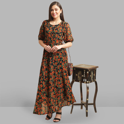 Fabflee Women Fit and Flare Orange Midi/Calf Length Dress