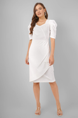 Wownoon Women Bodycon White Knee Length Dress
