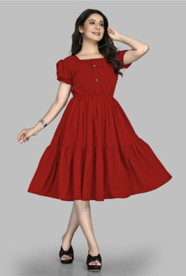Mahudi Women Fit and Flare Maroon Midi/Calf Length Dress