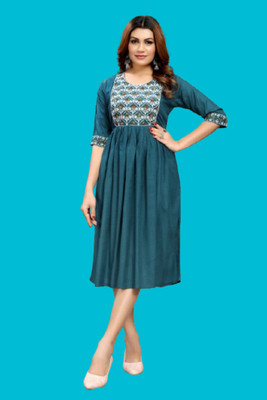 DICHIKA Fashion Women Fit and Flare Dark Blue, White Knee Length Dress
