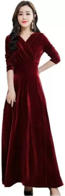 ARSH LIFESTYLE Women A-line Maroon Maxi/Full Length Dress