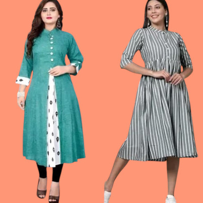Suhani Creationnm Women Striped, Solid A-line Kurta(Green, Grey)